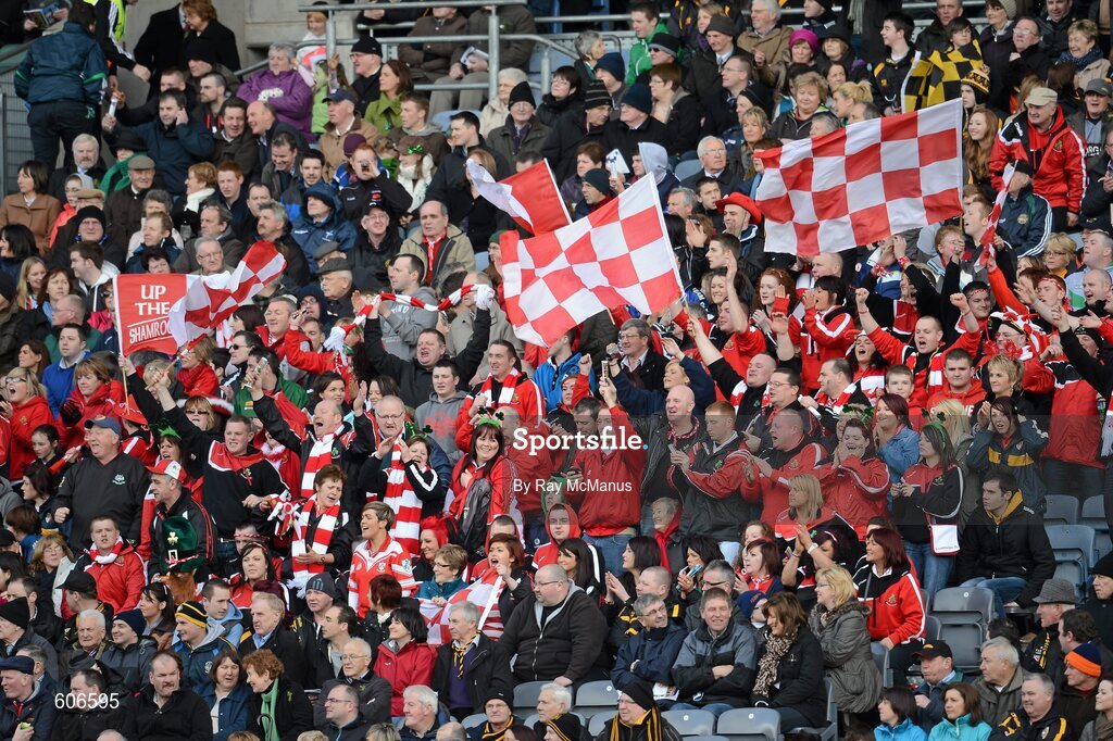 17 March 2012; Supporters of Loughgiel Shamrocks celebrate. AIB GAA Hurling All-Ireland Senior Club Championship Final, Coolderry, Offaly, v Loughgiel Shamrocks, Antrim, Croke Park, Dublin. Picture credit: Ray McManus / SPORTSFILE