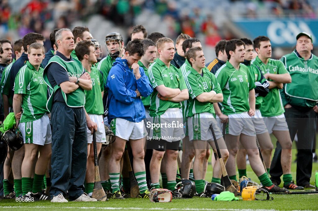 17 March 2012; The Coolderry manager Ken Hogan and the players watch the presentation. AIB GAA Hurling All-Ireland Senior Club Championship Final, Coolderry, Offaly, v Loughgiel Shamrocks, Antrim, Croke Park, Dublin. Picture credit: Ray McManus / SPORTSFILE