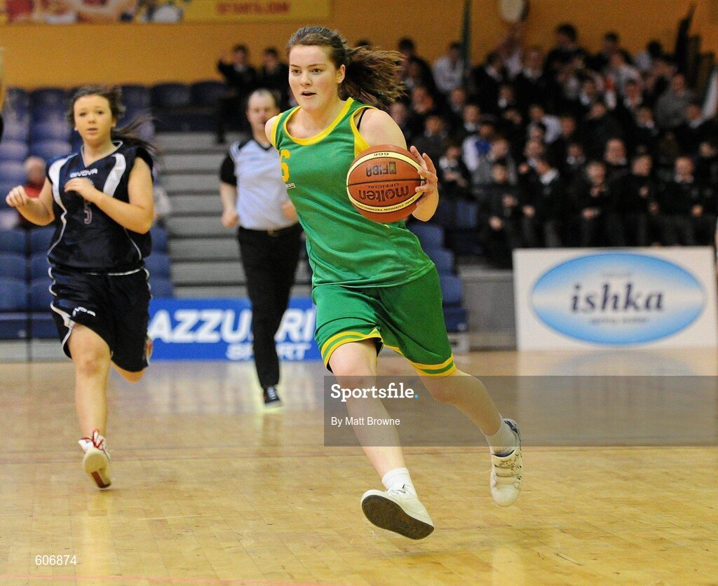22 March 2012; Sarah Rigney, Clonaslee Vocational School, Laois, in action against Aquinas Grammar, Belfast. U16C Girls - All-Ireland Schools League Finals 2012, Aquinas Grammar, Belfast v Clonaslee Vocational School, Laois, National Basketball Arena, Tallaght, Dublin. Picture credit: Matt Browne / SPORTSFILE