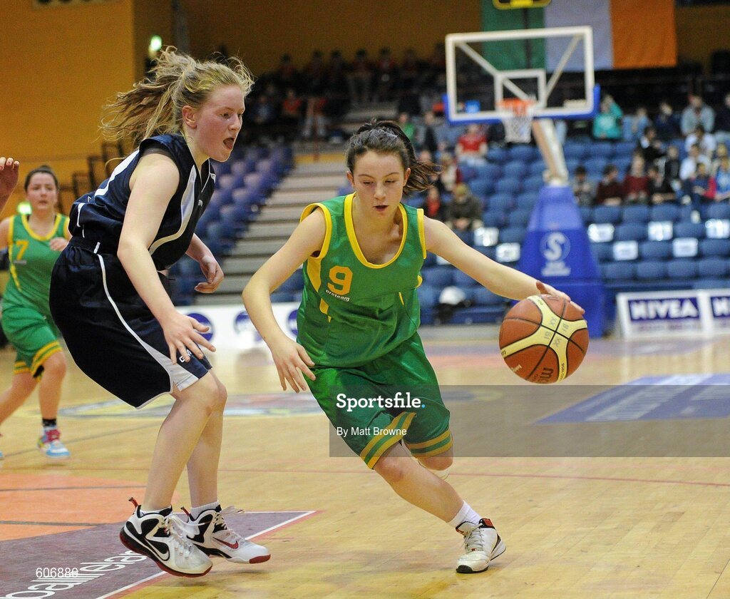 22 March 2012; Meaghan Dunne, Clonaslee Vocational School, Laois, in action against Laoise Carey, Aquinas Grammar, Belfast. U16C Girls - All-Ireland Schools League Finals 2012, Aquinas Grammar, Belfast v Clonaslee Vocational School, Laois, National Basketball Arena, Tallaght, Dublin. Picture credit: Matt Browne / SPORTSFILE