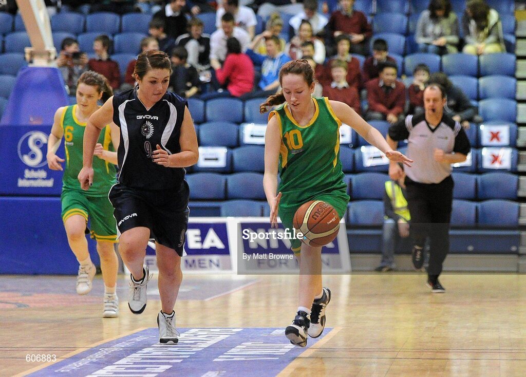 22 March 2012; Laura Hogan, Clonaslee Vocational School, Laois, in action against Aislinn McFarland, Aquinas Grammar, Belfast. U16C Girls - All-Ireland Schools League Finals 2012, Aquinas Grammar, Belfast v Clonaslee Vocational School, Laois, National Basketball Arena, Tallaght, Dublin. Picture credit: Matt Browne / SPORTSFILE