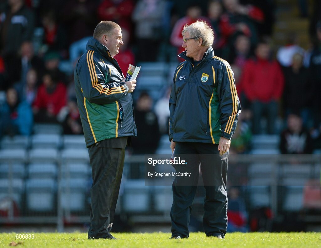 18 March 2012; Patrick O'Sullivan, Kerry County Board Chairman, left, in conversation with selector Ger O'Keeffe ahead of the game. Allianz Football League, Division 1, Round 5, Cork v Kerry, Pairc Ui Chaoimh, Cork. Picture credit: Stephen McCarthy / SPORTSFILE