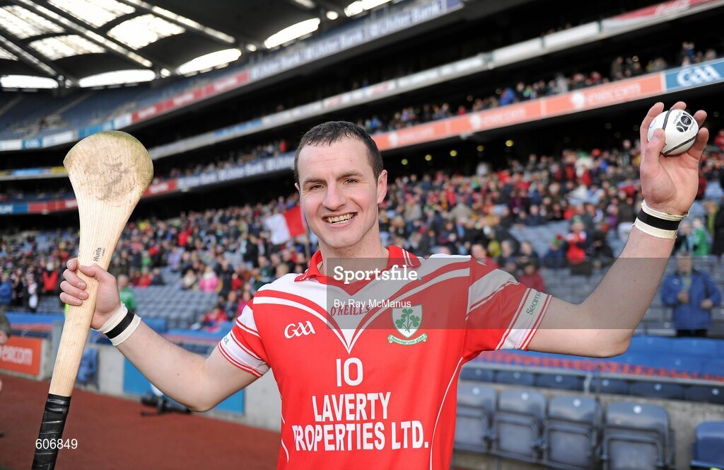17 March 2012; Liam Watson, Loughgiel Shamrocks, with the match sliothar after the game. AIB GAA Hurling All-Ireland Senior Club Championship Final, Coolderry, Offaly, v Loughgiel Shamrocks, Antrim, Croke Park, Dublin. Picture credit: Ray McManus / SPORTSFILE