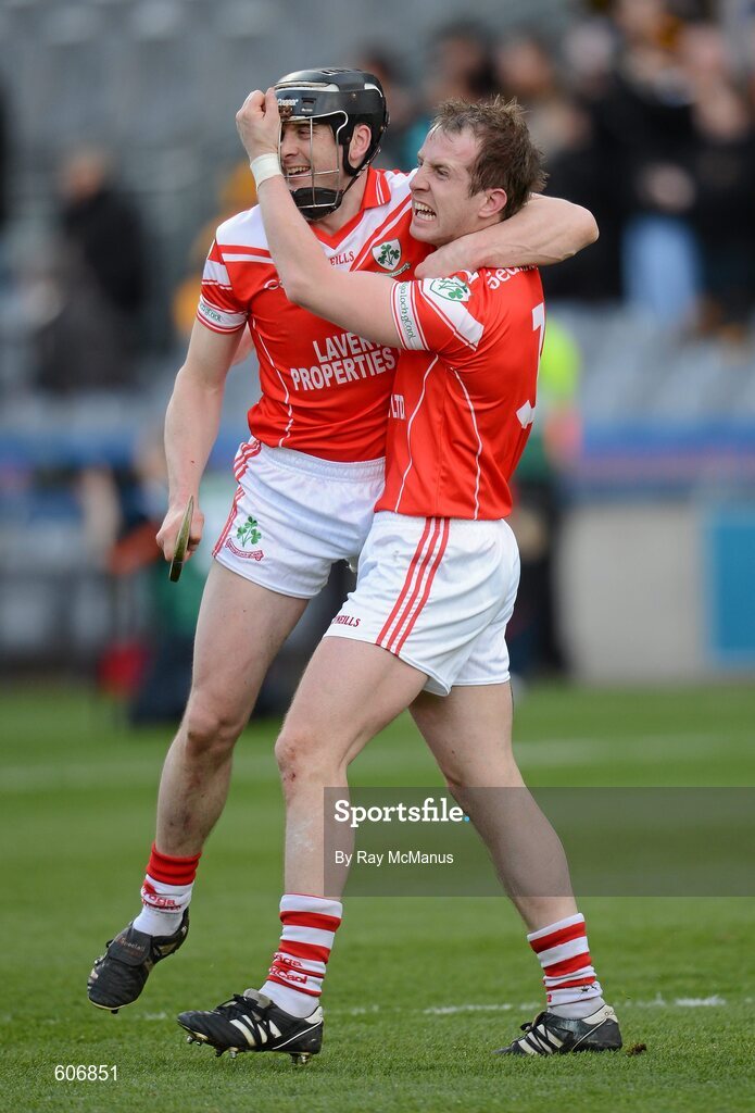 17 March 2012; Loughgiel Shamrocks players Paul Gillan, left, and Neil McGarry celebrate victory. AIB GAA Hurling All-Ireland Senior Club Championship Final, Coolderry, Offaly, v Loughgiel Shamrocks, Antrim, Croke Park, Dublin. Picture credit: Ray McManus / SPORTSFILE