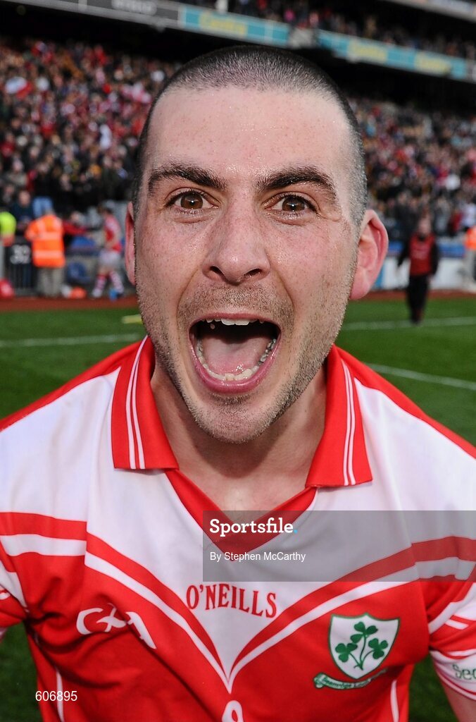 17 March 2012; Barney McAuley, Loughgiel Shamrocks, celebrates his side's victory. AIB GAA Hurling All-Ireland Senior Club Championship Final, Coolderry, Offaly, v Loughgiel Shamrocks, Antrim. Croke Park, Dublin. Picture credit: Stephen McCarthy / SPORTSFILE