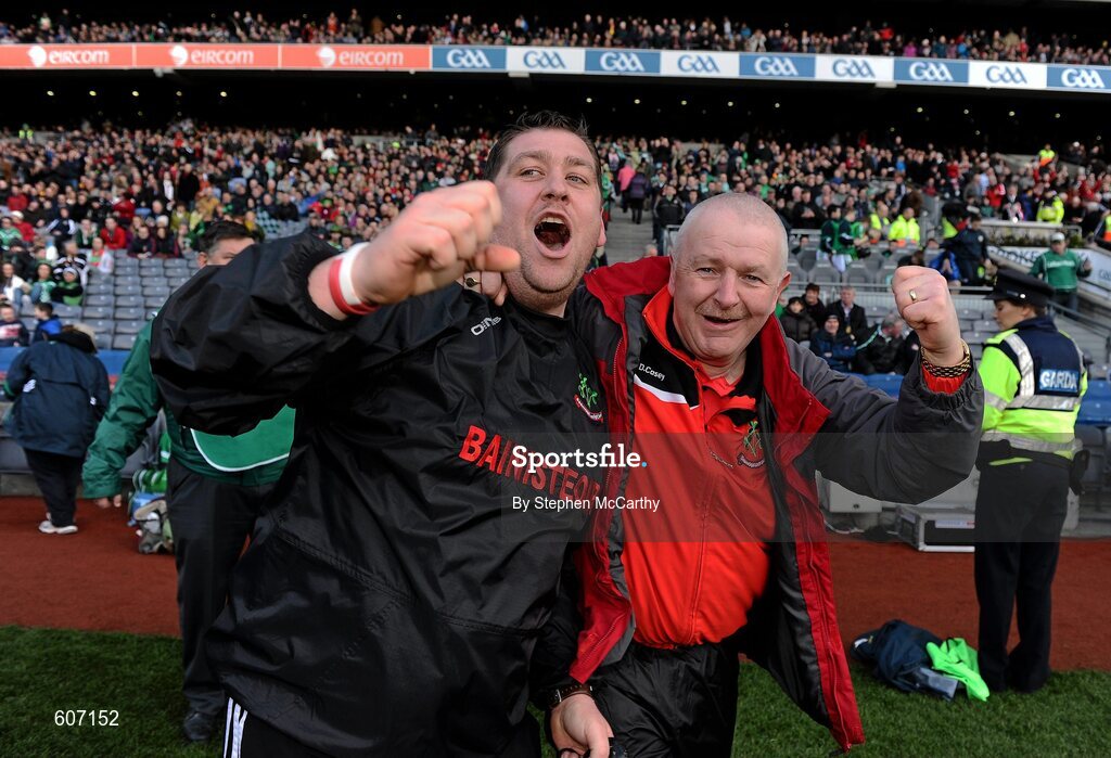 17 March 2012; Loughgiel Shamrocks manager PJ O'Mullan, left, and Dominic Casey celebrates their side's victory. AIB GAA Hurling All-Ireland Senior Club Championship Final, Coolderry, Offaly, v Loughgiel Shamrocks, Antrim. Croke Park, Dublin. Picture credit: Stephen McCarthy / SPORTSFILE