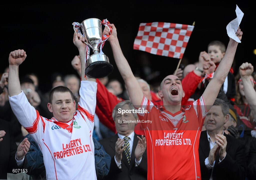17 March 2012; Loughgiel Shamrocks joint captains Damian Quinn, left, and Johnny Campbell lift the Tommy Moore Cup. AIB GAA Hurling All-Ireland Senior Club Championship Final, Coolderry, Offaly, v Loughgiel Shamrocks, Antrim. Croke Park, Dublin. Picture credit: Stephen McCarthy / SPORTSFILE