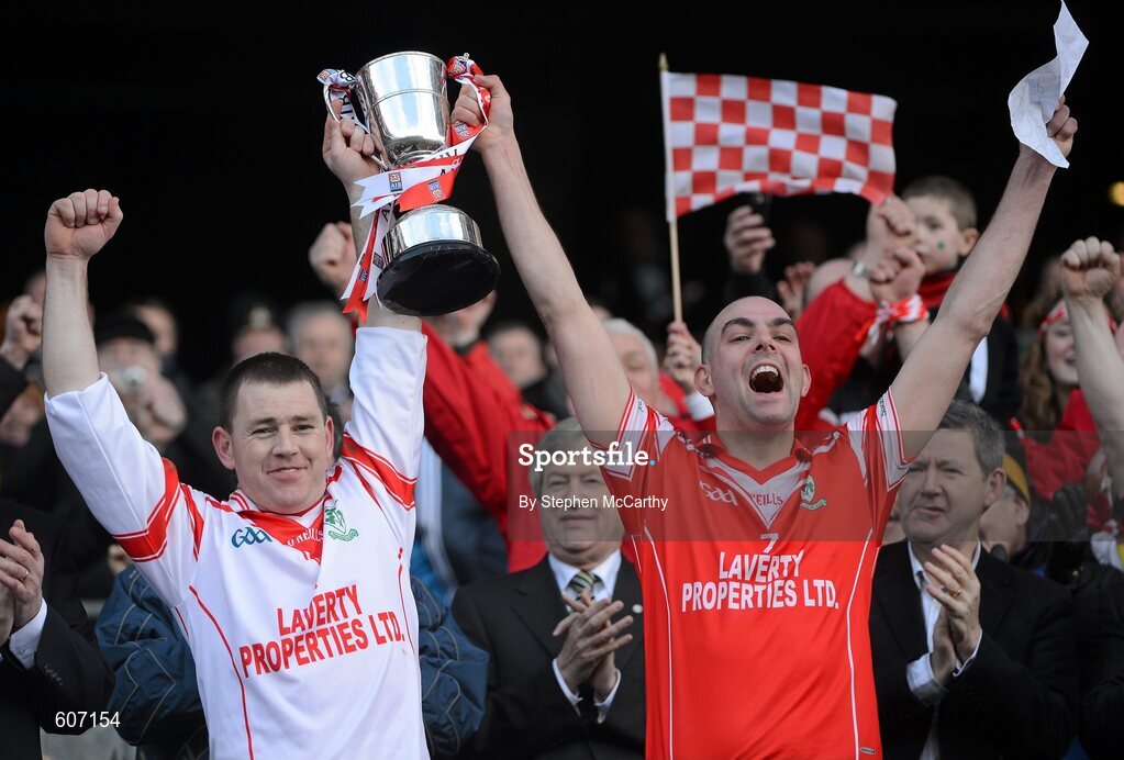 17 March 2012; Loughgiel Shamrocks joint captains Damian Quinn, left, and Johnny Campbell lift the Tommy Moore Cup. AIB GAA Hurling All-Ireland Senior Club Championship Final, Coolderry, Offaly, v Loughgiel Shamrocks, Antrim. Croke Park, Dublin. Picture credit: Stephen McCarthy / SPORTSFILE