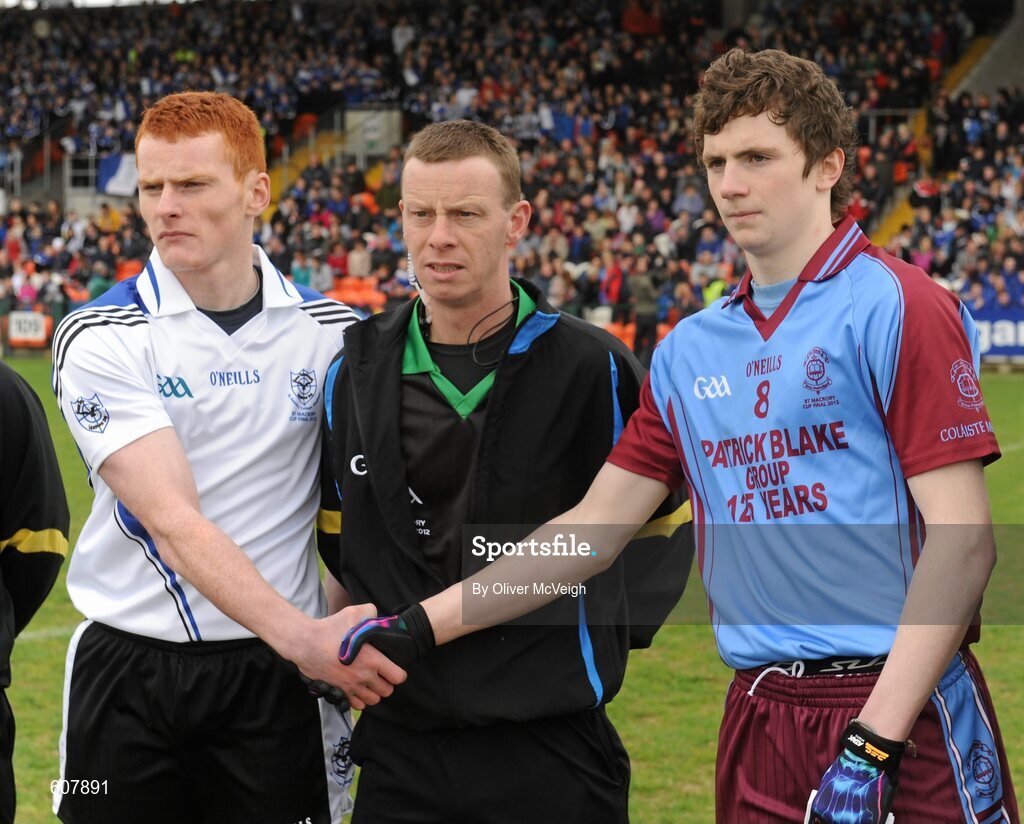 19 March 2012; Referee Joe McQuillan with Conor McAtamney, St. Patrick’s captain, left, and Rory Brennan, St. Michael’s captain. MacRory Cup Final, St. Patrick’s, Maghera v St. Michael’s, Enniskillen, Bessbrook, Morgan Athletic Grounds, Armagh. Picture credit: Oliver McVeigh / SPORTSFILE