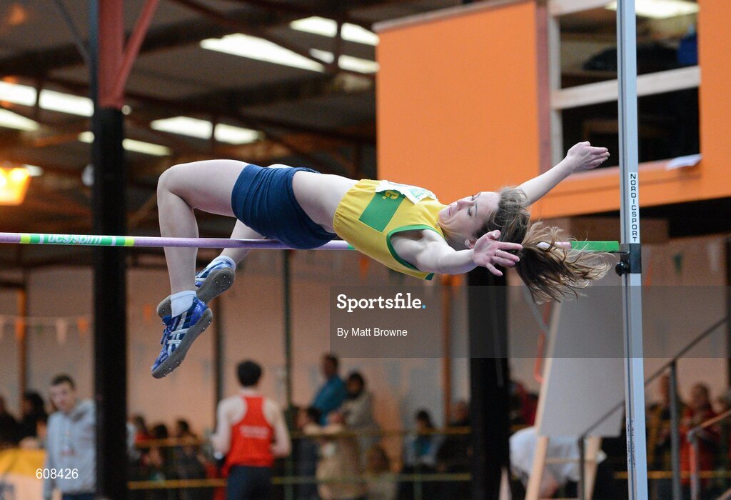 31 March 2012; Amy McTeggart, Boyne Athletic Club, Co. Louth, on her way to winning the Girls Under 17 High Jump during the Woodie’s DIY AAI Juvenile Indoor Championships of Ireland. Nenagh Indoor Arena, Nenagh, Co. Tipperary. Picture credit: Matt Browne / SPORTSFILE