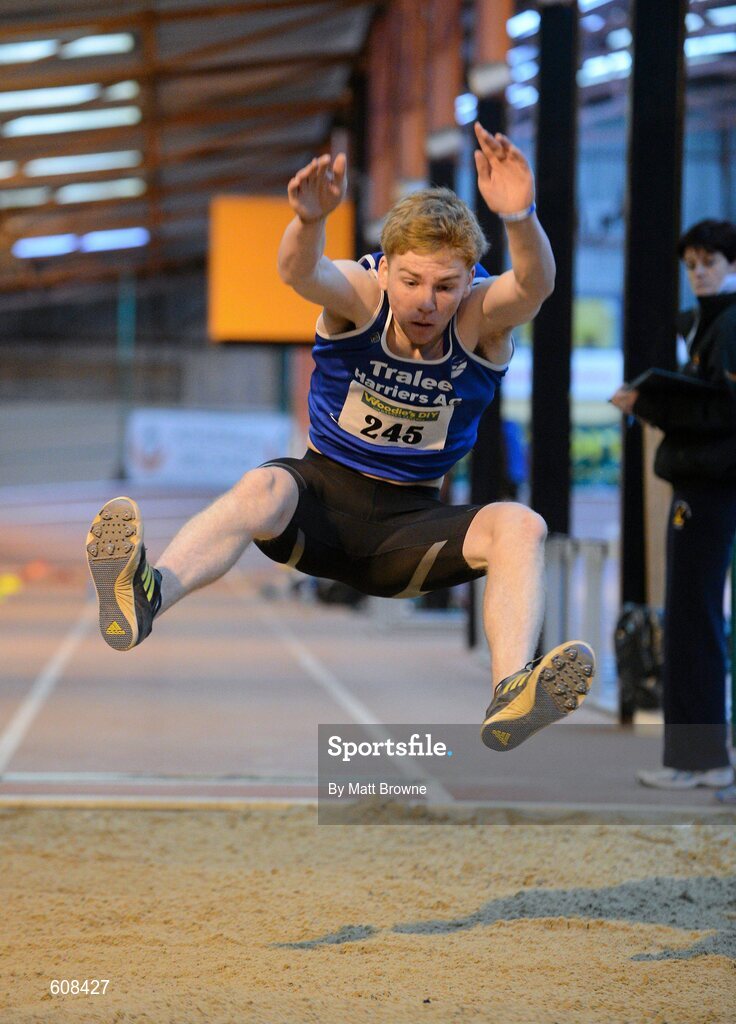 31 March 2012; Eoin O'Carroll, Tralee Harriers Athletic Club, Co. Kerry, on his way to winning the Boys Under 18 Long Jump at the Woodie’s DIY AAI Juvenile Indoor Championships of Ireland. Nenagh Indoor Arena, Nenagh, Co. Tipperary. Picture credit: Matt Browne / SPORTSFILE