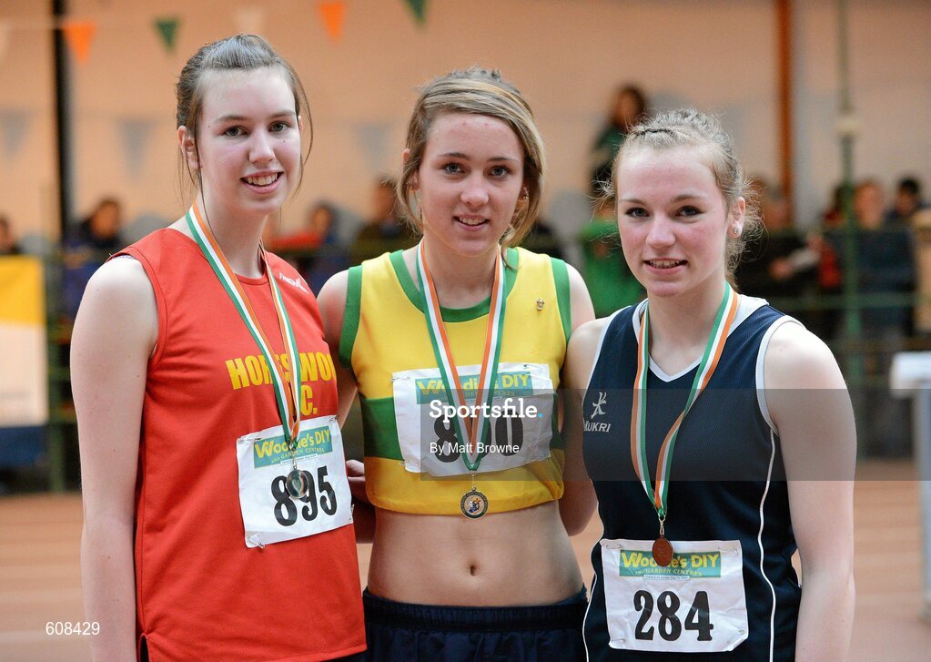 31 March 2012; Winner of the Girls Under 17 High Jump Amy McTeggart, Boyne Athletic Club, Co. Louth, with second place Shannen Dawkins, Horsewood Athletic Club, Co. Wexford, left, and third place Grace McKensie, Belgooly Athletic Club, Co. Cork. Woodie’s DIY AAI Juvenile Indoor Championships of Ireland, Nenagh Indoor Arena, Nenagh, Co. Tipperary. Picture credit: Matt Browne / SPORTSFILE
