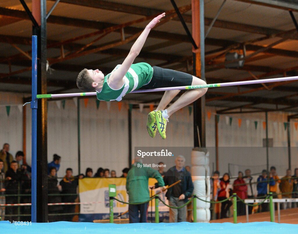 31 March 2012; David Cassen, Old Abbey Athletic Club, Co. Cork, on his way to winning the Boys Under 17 High Jump, with a jump of 1.96m, at the Woodie’s DIY AAI Juvenile Indoor Championships of Ireland. Nenagh Indoor Arena, Nenagh, Co. Tipperary. Picture credit: Matt Browne / SPORTSFILE