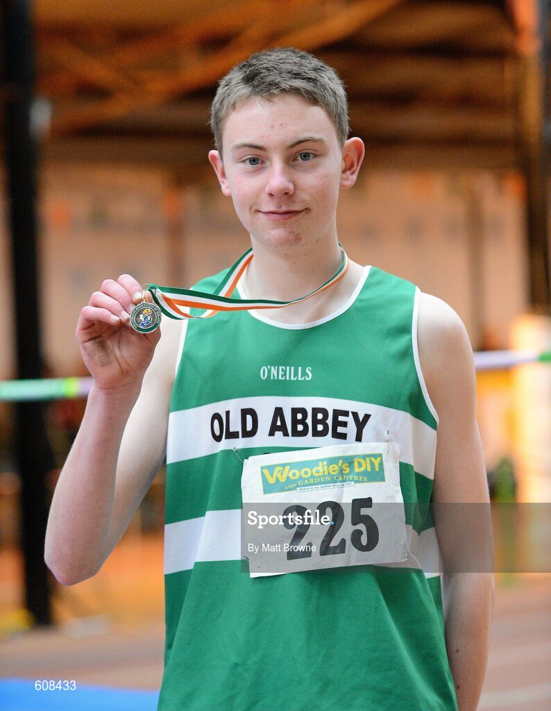 31 March 2012; Winner of the Boys Under 17 High Jump David Cassen, Old Abbey Athletic Club, Co. Cork. Cassen won the event with a jump of 1.96m. Woodie’s DIY AAI Juvenile Indoor Championships of Ireland, Nenagh Indoor Arena, Nenagh, Co. Tipperary. Picture credit: Matt Browne / SPORTSFILE