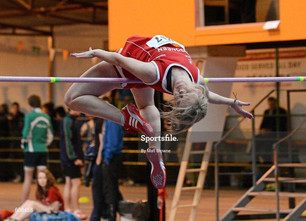 31 March 2012; Aisling Croke, Dooneen Athletic Club, Co. Limerick, on her way to winning the Under 18 Girls High Jump at during the Woodie’s DIY AAI Juvenile Indoor Championships of Ireland. Nenagh Indoor Arena, Nenagh, Co. Tipperary. Picture credit: Matt Browne / SPORTSFILE
