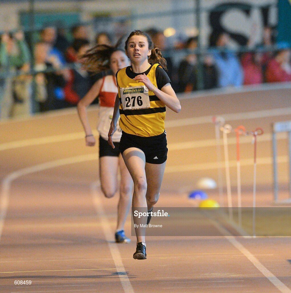 31 March 2012; Louise Shanaha, Leevale Athletic Club, Co. Cork, on her way to winning the Girls Under 16 800m at the Woodie’s DIY AAI Juvenile Indoor Championships of Ireland. Nenagh Indoor Arena, Nenagh, Co. Tipperary. Picture credit: Matt Browne / SPORTSFILE