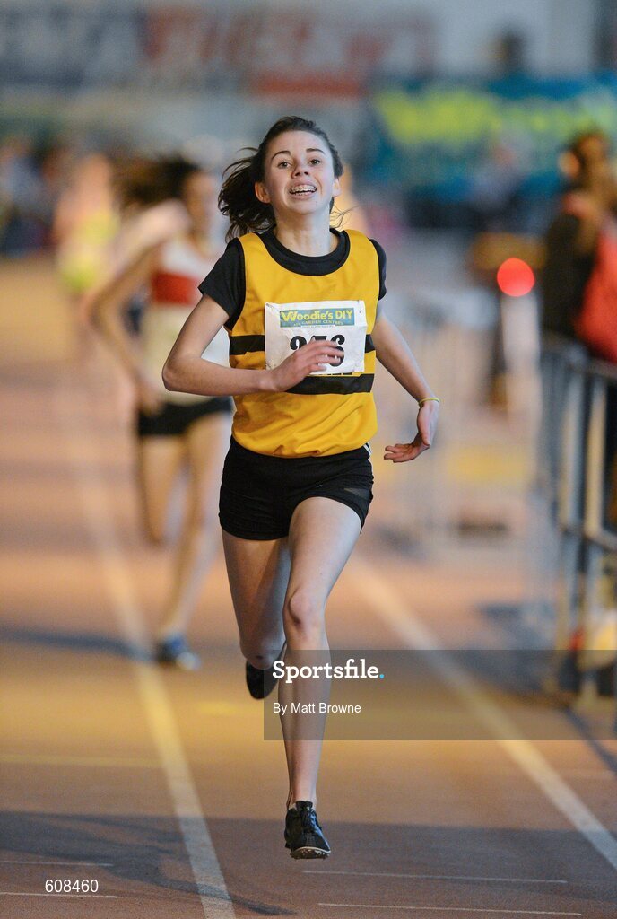 31 March 2012; Louise Shanaha, Leevale Athletic Club, Co. Cork, on her way to winning the Girls Under 16 800m at the Woodie’s DIY AAI Juvenile Indoor Championships of Ireland. Nenagh Indoor Arena, Nenagh, Co. Tipperary. Picture credit: Matt Browne / SPORTSFILE