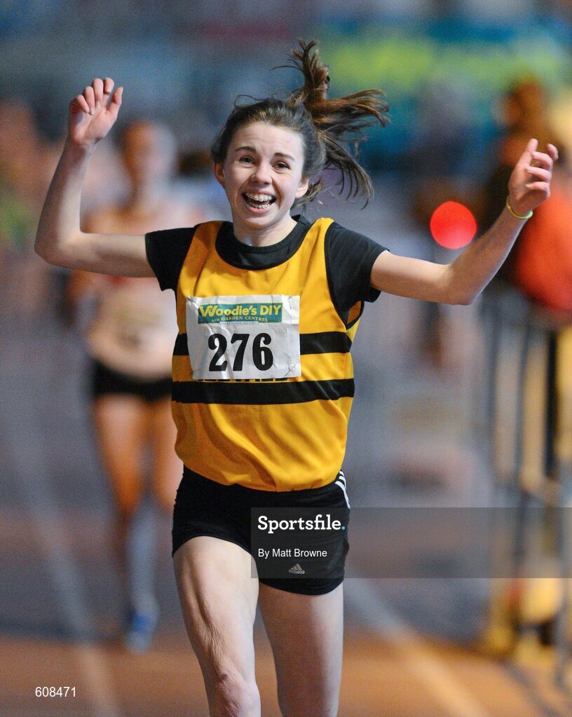 31 March 2012; Louise Shanaha, Leevale Athletic Club, Co. Cork, celebrates after winning the Girls Under 16 800m at the Woodie’s DIY AAI Juvenile Indoor Championships of Ireland. Nenagh Indoor Arena, Nenagh, Co. Tipperary. Picture credit: Matt Browne / SPORTSFILE