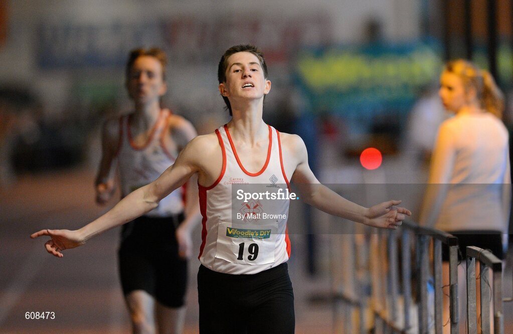 31 March 2012; Cian McBride, North Sligo Athletic Club, celebrates after winning the Boys Under 16 800m at the Woodie’s DIY AAI Juvenile Indoor Championships of Ireland. Nenagh Indoor Arena, Nenagh, Co. Tipperary. Picture credit: Matt Browne / SPORTSFILE
