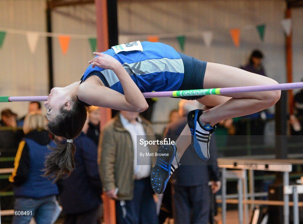 31 March 2012; Emily Rogers, St. Peter's Athletic Club, Dromiskin, Co. Louth, on her way to winning the Girls Under 19 High Jump, with a jump of 1.17m, during the Woodie’s DIY AAI Juvenile Indoor Championships of Ireland. Nenagh Indoor Arena, Nenagh, Co. Tipperary. Picture credit: Matt Browne / SPORTSFILE