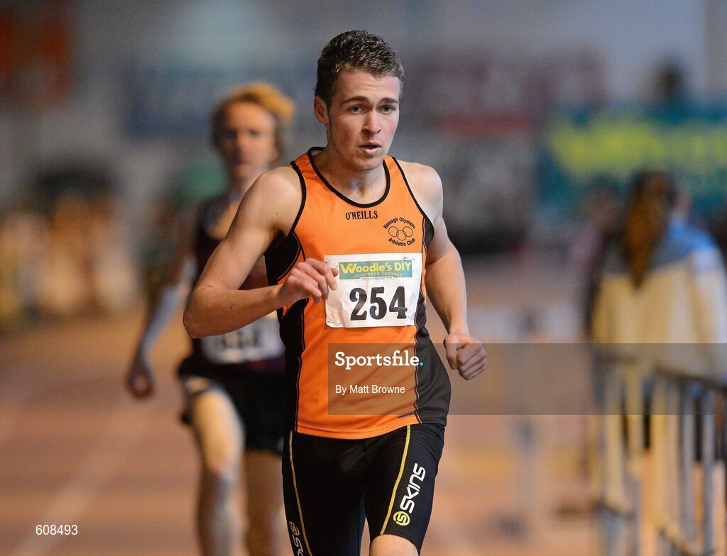 31 March 2012; Seamus Hogan, Nenagh Olympic Athletic Club, Co. Tipperary, on his way to winning the Boys Under 19 800m at the Woodie’s DIY AAI Juvenile Indoor Championships of Ireland. Nenagh Indoor Arena, Nenagh, Co. Tipperary. Picture credit: Matt Browne / SPORTSFILE