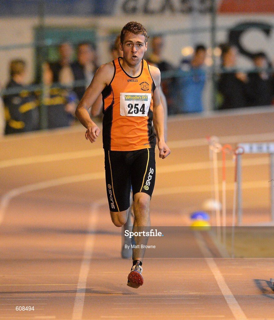 31 March 2012; Seamus Hogan, Nenagh Olympic Athletic Club, Co. Tipperary, on his way to winning the Boys Under 19 800m at the Woodie’s DIY AAI Juvenile Indoor Championships of Ireland. Nenagh Indoor Arena, Nenagh, Co. Tipperary. Picture credit: Matt Browne / SPORTSFILE
