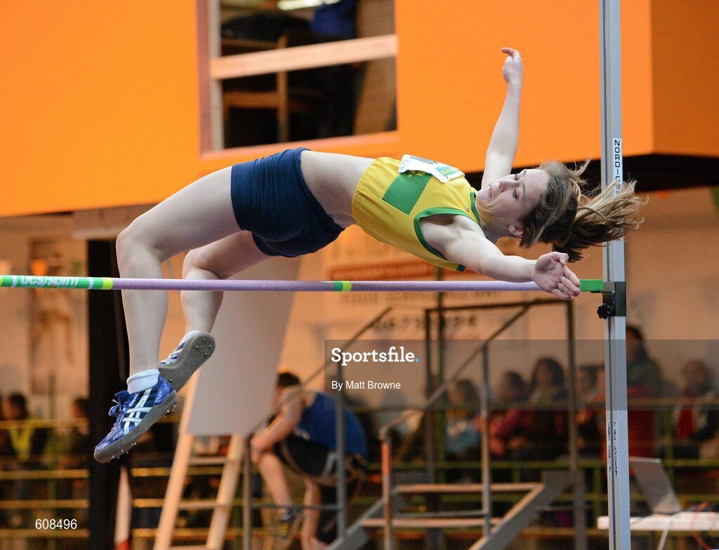 31 March 2012; Amy McTeggart, Boyne Athletic Club, Co. Louth, on her way to winning the Girls Under 17 High Jump during the Woodie’s DIY AAI Juvenile Indoor Championships of Ireland. Nenagh Indoor Arena, Nenagh, Co. Tipperary. Picture credit: Matt Browne / SPORTSFILE