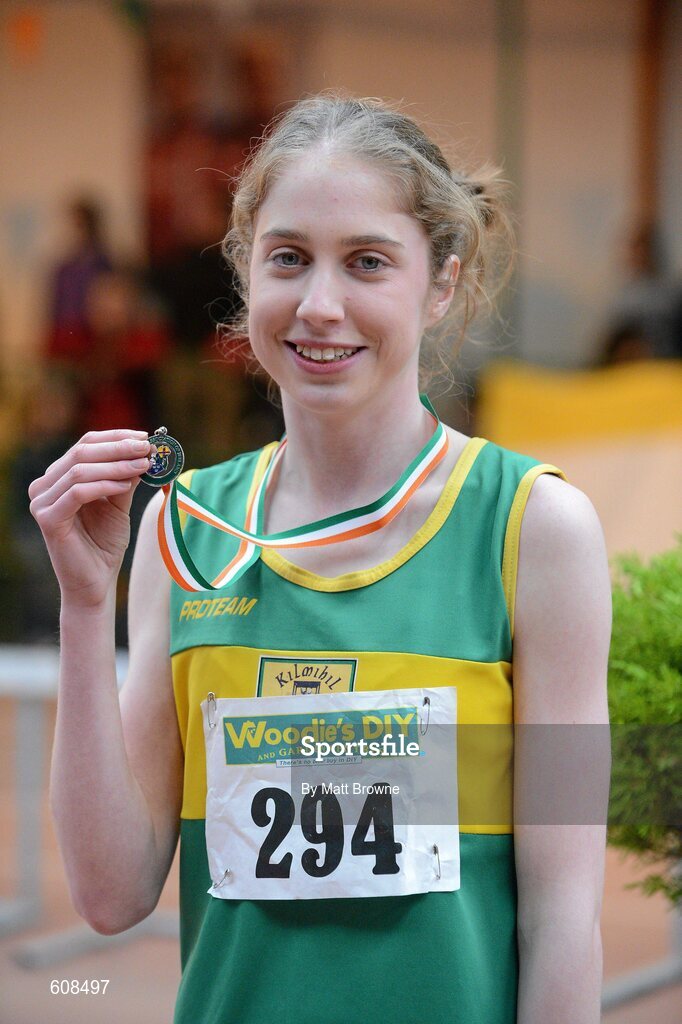 31 March 2012; Laura O'Dowd, Kilmihil Athletic Club, Co. Clare, with her silver medal she won in the Girls Under 18 800m at the Woodie’s DIY AAI Juvenile Indoor Championships of Ireland. Nenagh Indoor Arena, Nenagh, Co. Tipperary. Picture credit: Matt Browne / SPORTSFILE