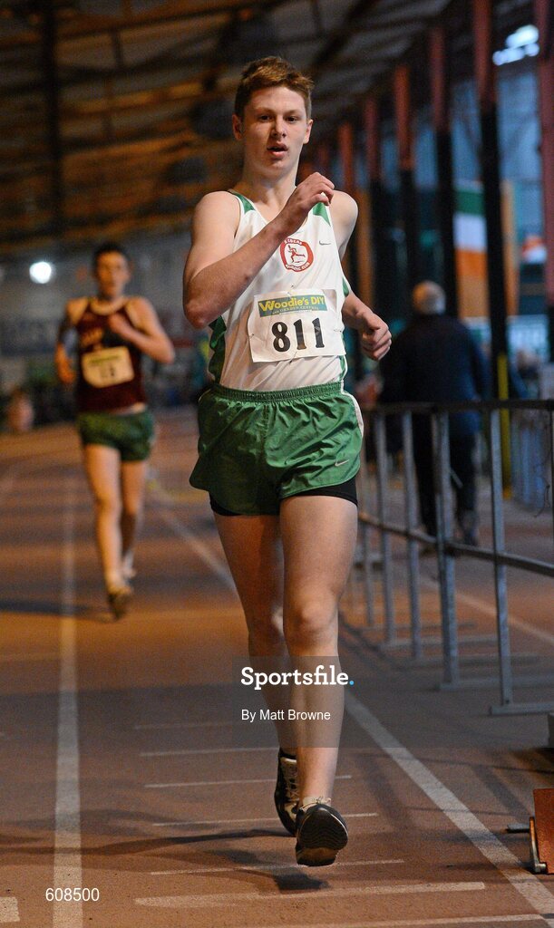 31 March 2012; Nathan Murphy, St. Coca's Athletic Club, Kilcock, Co. Kildare, on his way to winning the Boys Under 16 1500m walk at the Woodie’s DIY AAI Juvenile Indoor Championships of Ireland. Nenagh Indoor Arena, Nenagh, Co. Tipperary. Picture credit: Matt Browne / SPORTSFILE