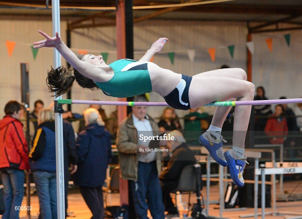 31 March 2012; Sorcha Murphy, Ferrybank Athletic Club, Co. Waterford, on her way to second place in the Girls Under 19 High Jump during the Woodie’s DIY AAI Juvenile Indoor Championships of Ireland. Nenagh Indoor Arena, Nenagh, Co. Tipperary. Picture credit: Matt Browne / SPORTSFILE