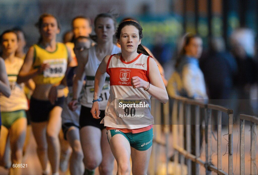 31 March 2012; Alanna Lally, Galway City Harriers Athletic Club, on her way to winning the Under 17 Girls 800m at the Woodie’s DIY AAI Juvenile Indoor Championships of Ireland. Nenagh Indoor Arena, Nenagh, Co. Tipperary. Picture credit: Matt Browne / SPORTSFILE