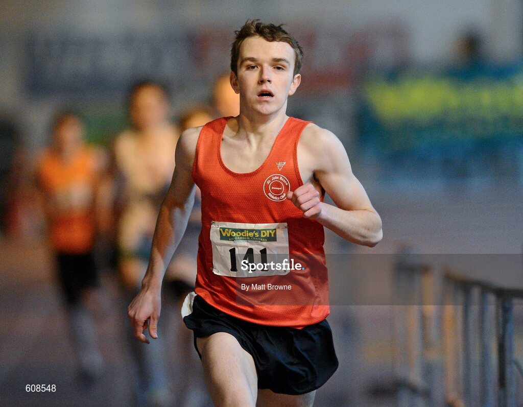 31 March 2012; Karl Griffin, Tir Chonaill Athletic Club, Co. Donegal, on his way to winning the Boys Under 18 800m during the Woodie’s DIY AAI Juvenile Indoor Championships of Ireland. Nenagh Indoor Arena, Nenagh, Co. Tipperary. Picture credit: Matt Browne / SPORTSFILE