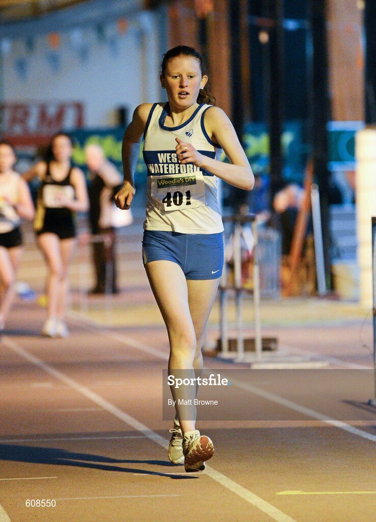 31 March 2012; Kate Veale, West Waterford Athletic Club, on her way to winning the Girls Under 19 1500m walk during the Woodie’s DIY AAI Juvenile Indoor Championships of Ireland. Nenagh Indoor Arena, Nenagh, Co. Tipperary. Picture credit: Matt Browne / SPORTSFILE
