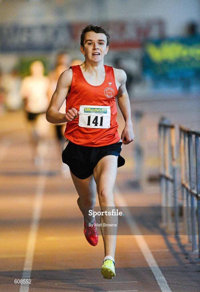 31 March 2012; Karl Griffin, Tir Chonaill Athletic Club, Co. Donegal, on his way to winning the Boys Under 18 800m during the Woodie’s DIY AAI Juvenile Indoor Championships of Ireland. Nenagh Indoor Arena, Nenagh, Co. Tipperary. Picture credit: Matt Browne / SPORTSFILE