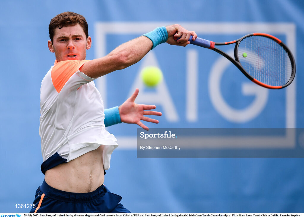 28 July 2017; Sam Barry of Ireland during the mens singles semi-final between Peter Kobelt of USA and Sam Barry of Ireland during the AIG Irish Open Tennis Championships at Fitzwilliam Lawn Tennis Club in Dublin. Photo by Stephen McCarthy/Sportsfile