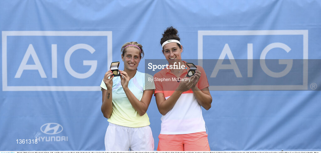 28 July 2017; Giorgia Marchetti of Italy, left, and Rosalie van der Hoek of the Netherlands after winning the ladies doubles final between Giorgia Marchetti of Italy & Rosalie van der Hoek of the Netherlands and Emily Appleton of Great Britain & Quinn Gleason of USA during the AIG Irish Open Tennis Championships at Fitzwilliam Lawn Tennis Club in Dublin. Photo by Stephen McCarthy/Sportsfile