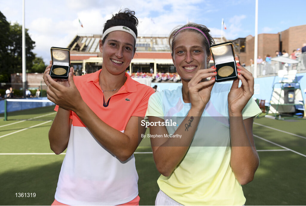 28 July 2017; Rosalie van der Hoek of the Netherlands, left, and Giorgia Marchetti of Italy after winning the ladies doubles final between Giorgia Marchetti of Italy & Rosalie van der Hoek of the Netherlands and Emily Appleton of Great Britain & Quinn Gleason of USA during the AIG Irish Open Tennis Championships at Fitzwilliam Lawn Tennis Club in Dublin. Photo by Stephen McCarthy/Sportsfile