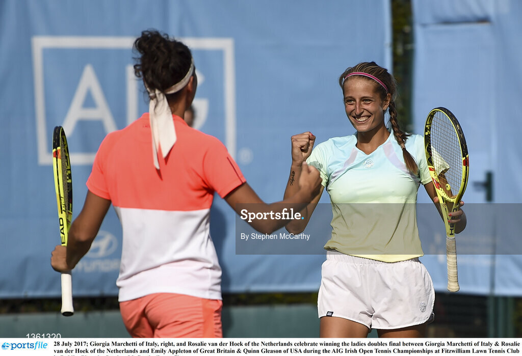 28 July 2017; Giorgia Marchetti of Italy, right, and Rosalie van der Hoek of the Netherlands celebrate winning the ladies doubles final between Giorgia Marchetti of Italy & Rosalie van der Hoek of the Netherlands and Emily Appleton of Great Britain & Quinn Gleason of USA during the AIG Irish Open Tennis Championships at Fitzwilliam Lawn Tennis Club in Dublin. Photo by Stephen McCarthy/Sportsfile