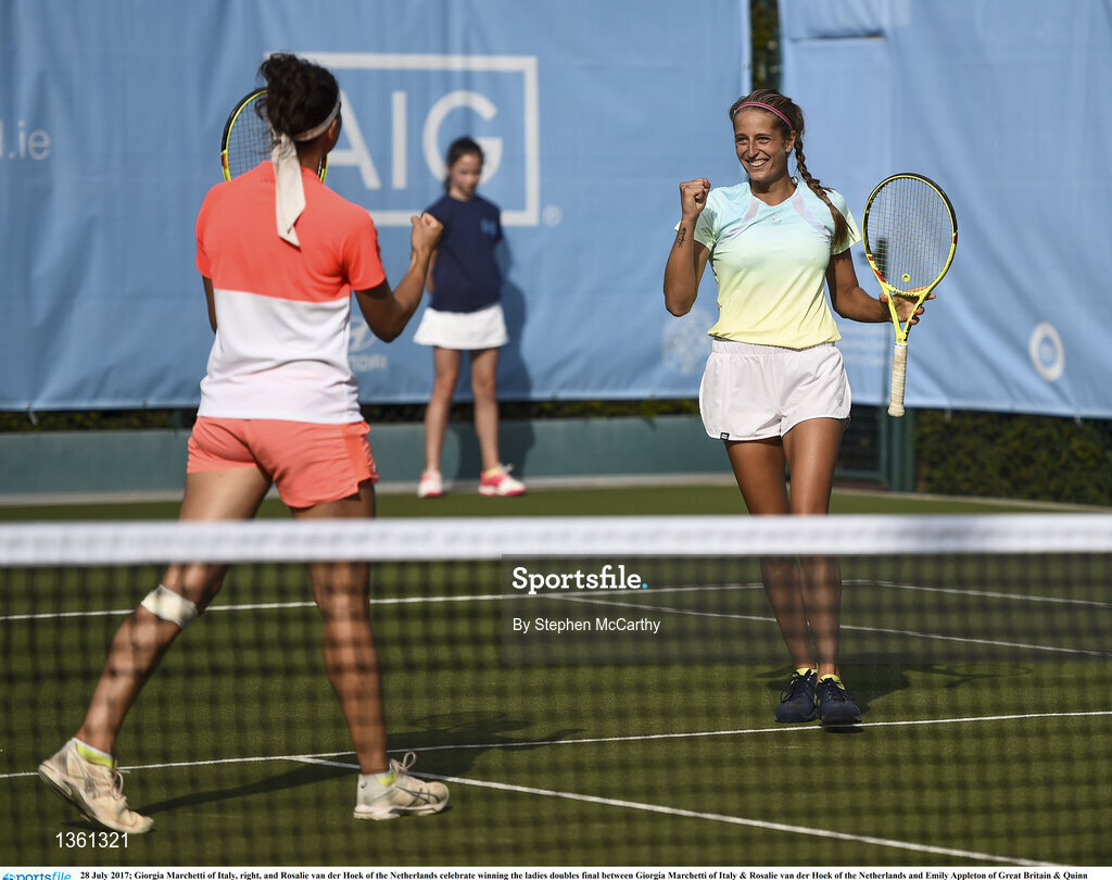 28 July 2017; Giorgia Marchetti of Italy, right, and Rosalie van der Hoek of the Netherlands celebrate winning the ladies doubles final between Giorgia Marchetti of Italy & Rosalie van der Hoek of the Netherlands and Emily Appleton of Great Britain & Quinn Gleason of USA during the AIG Irish Open Tennis Championships at Fitzwilliam Lawn Tennis Club in Dublin. Photo by Stephen McCarthy/Sportsfile