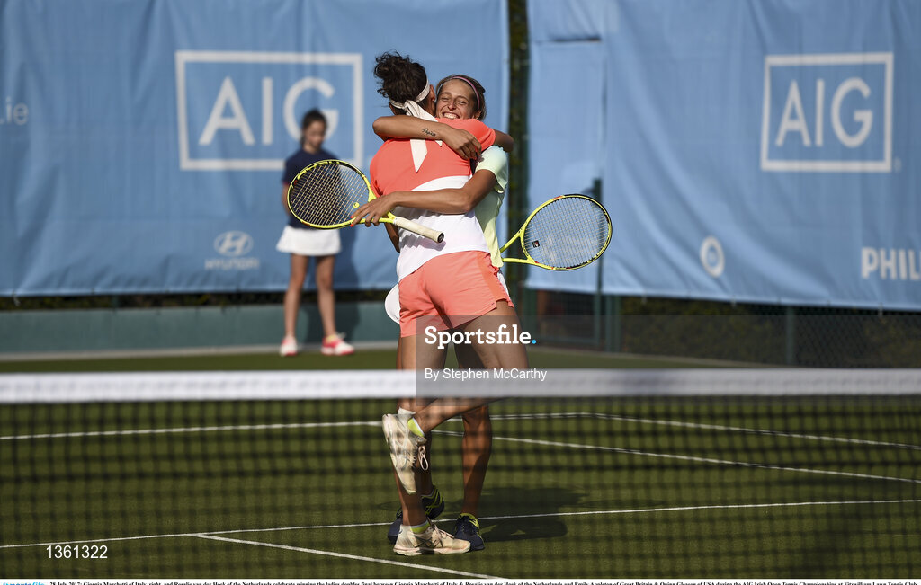 28 July 2017; Giorgia Marchetti of Italy, right, and Rosalie van der Hoek of the Netherlands celebrate winning the ladies doubles final between Giorgia Marchetti of Italy & Rosalie van der Hoek of the Netherlands and Emily Appleton of Great Britain & Quinn Gleason of USA during the AIG Irish Open Tennis Championships at Fitzwilliam Lawn Tennis Club in Dublin. Photo by Stephen McCarthy/Sportsfile