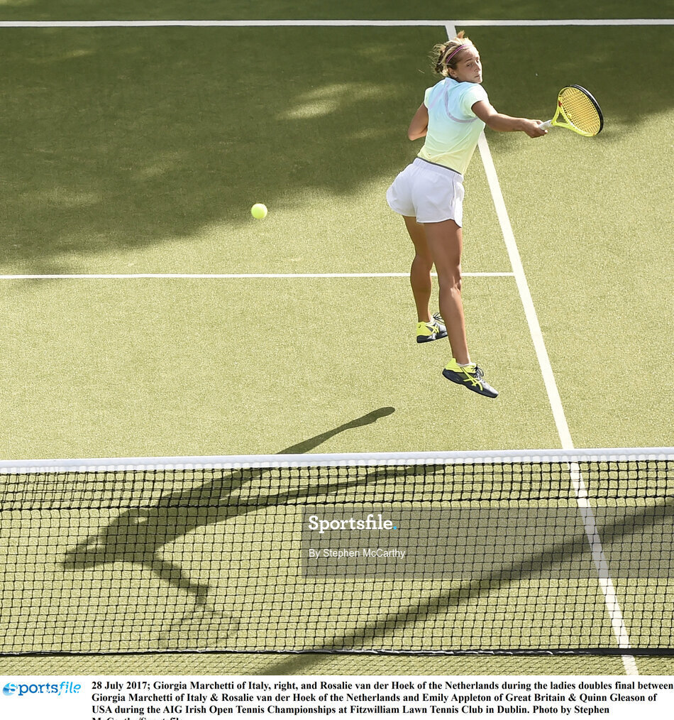 28 July 2017; Giorgia Marchetti of Italy, right, and Rosalie van der Hoek of the Netherlands during the ladies doubles final between Giorgia Marchetti of Italy & Rosalie van der Hoek of the Netherlands and Emily Appleton of Great Britain & Quinn Gleason of USA during the AIG Irish Open Tennis Championships at Fitzwilliam Lawn Tennis Club in Dublin. Photo by Stephen McCarthy/Sportsfile