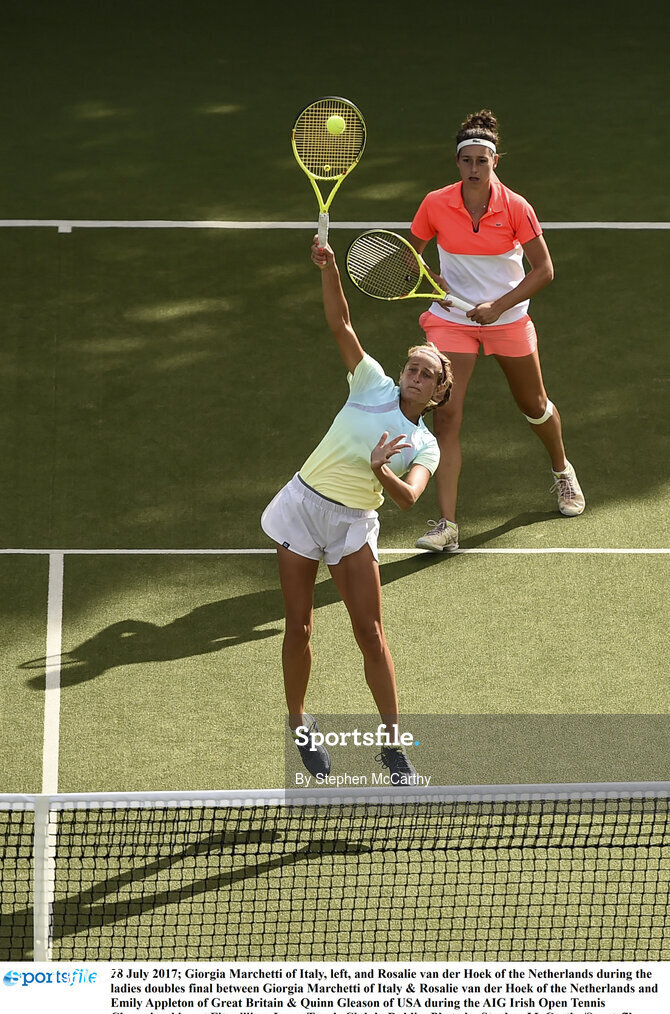 28 July 2017; Giorgia Marchetti of Italy, left, and Rosalie van der Hoek of the Netherlands during the ladies doubles final between Giorgia Marchetti of Italy & Rosalie van der Hoek of the Netherlands and Emily Appleton of Great Britain & Quinn Gleason of USA during the AIG Irish Open Tennis Championships at Fitzwilliam Lawn Tennis Club in Dublin. Photo by Stephen McCarthy/Sportsfile