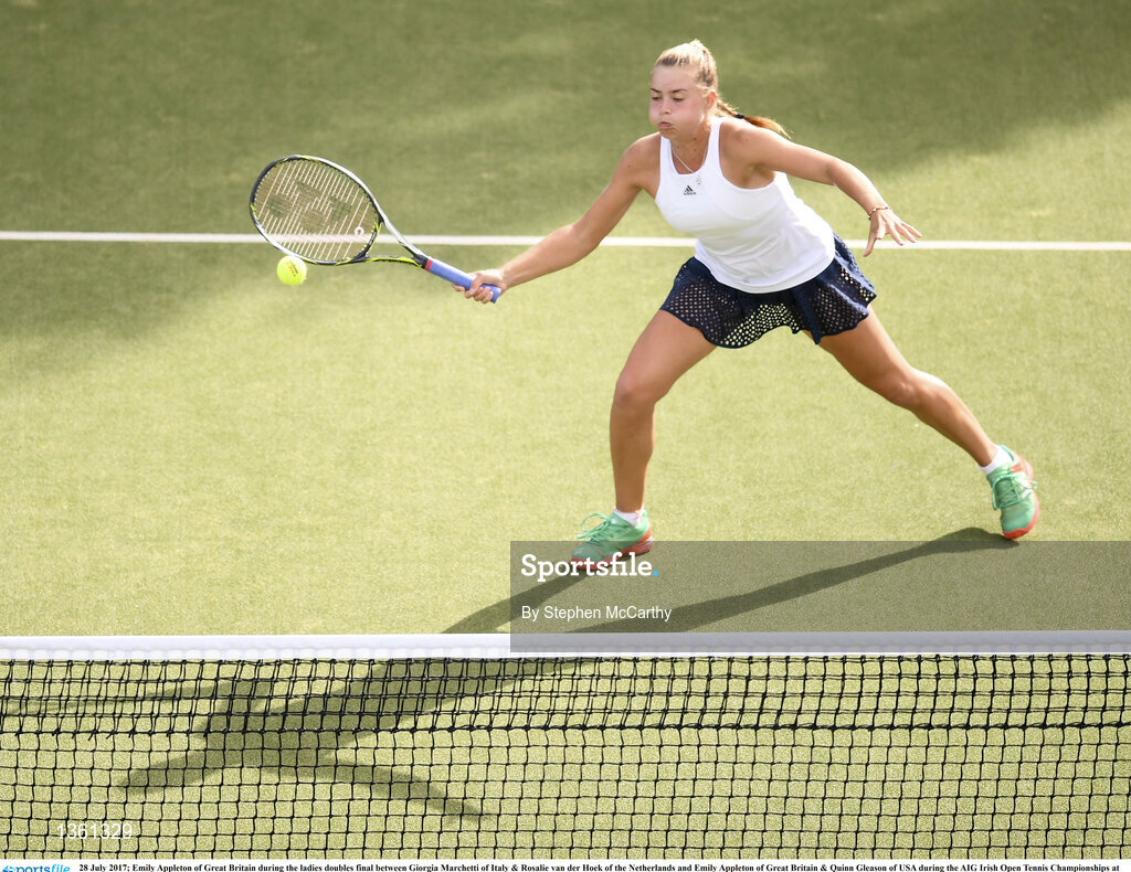 28 July 2017; Emily Appleton of Great Britain during the ladies doubles final between Giorgia Marchetti of Italy & Rosalie van der Hoek of the Netherlands and Emily Appleton of Great Britain & Quinn Gleason of USA during the AIG Irish Open Tennis Championships at Fitzwilliam Lawn Tennis Club in Dublin. Photo by Stephen McCarthy/Sportsfile