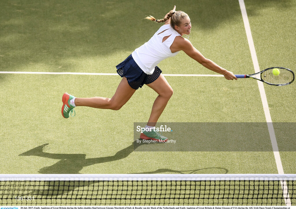 28 July 2017; Emily Appleton of Great Britain during the ladies doubles final between Giorgia Marchetti of Italy & Rosalie van der Hoek of the Netherlands and Emily Appleton of Great Britain & Quinn Gleason of USA during the AIG Irish Open Tennis Championships at Fitzwilliam Lawn Tennis Club in Dublin. Photo by Stephen McCarthy/Sportsfile