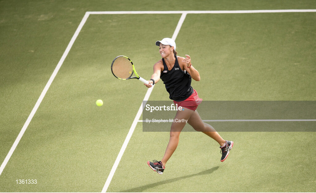 28 July 2017; Quinn Gleason of USA during the ladies doubles final between Giorgia Marchetti of Italy & Rosalie van der Hoek of the Netherlands and Emily Appleton of Great Britain & Quinn Gleason of USA during the AIG Irish Open Tennis Championships at Fitzwilliam Lawn Tennis Club in Dublin. Photo by Stephen McCarthy/Sportsfile