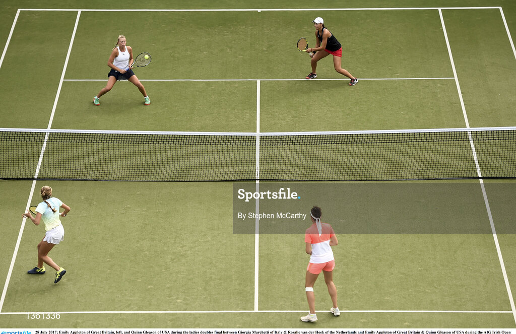 28 July 2017; Emily Appleton of Great Britain, left, and Quinn Gleason of USA during the ladies doubles final between Giorgia Marchetti of Italy & Rosalie van der Hoek of the Netherlands and Emily Appleton of Great Britain & Quinn Gleason of USA during the AIG Irish Open Tennis Championships at Fitzwilliam Lawn Tennis Club in Dublin. Photo by Stephen McCarthy/Sportsfile