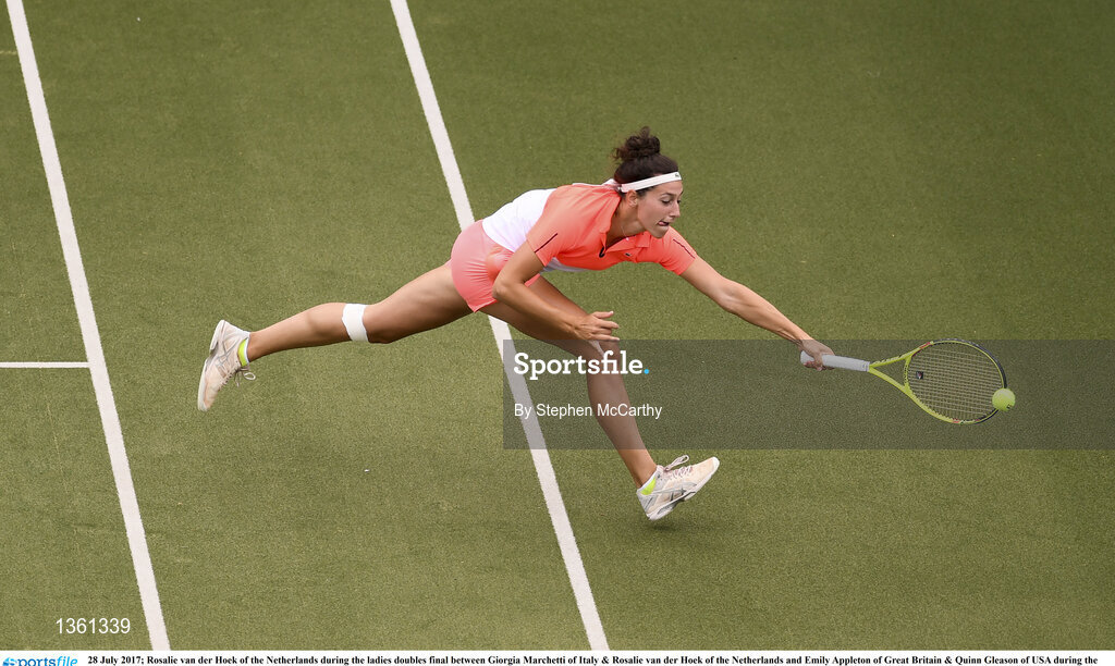 28 July 2017; Rosalie van der Hoek of the Netherlands during the ladies doubles final between Giorgia Marchetti of Italy & Rosalie van der Hoek of the Netherlands and Emily Appleton of Great Britain & Quinn Gleason of USA during the AIG Irish Open Tennis Championships at Fitzwilliam Lawn Tennis Club in Dublin. Photo by Stephen McCarthy/Sportsfile
