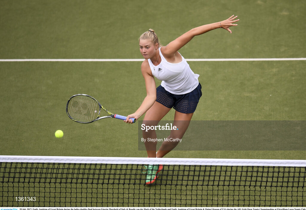 28 July 2017; Emily Appleton of Great Britain during the ladies doubles final between Giorgia Marchetti of Italy & Rosalie van der Hoek of the Netherlands and Emily Appleton of Great Britain & Quinn Gleason of USA during the AIG Irish Open Tennis Championships at Fitzwilliam Lawn Tennis Club in Dublin. Photo by Stephen McCarthy/Sportsfile