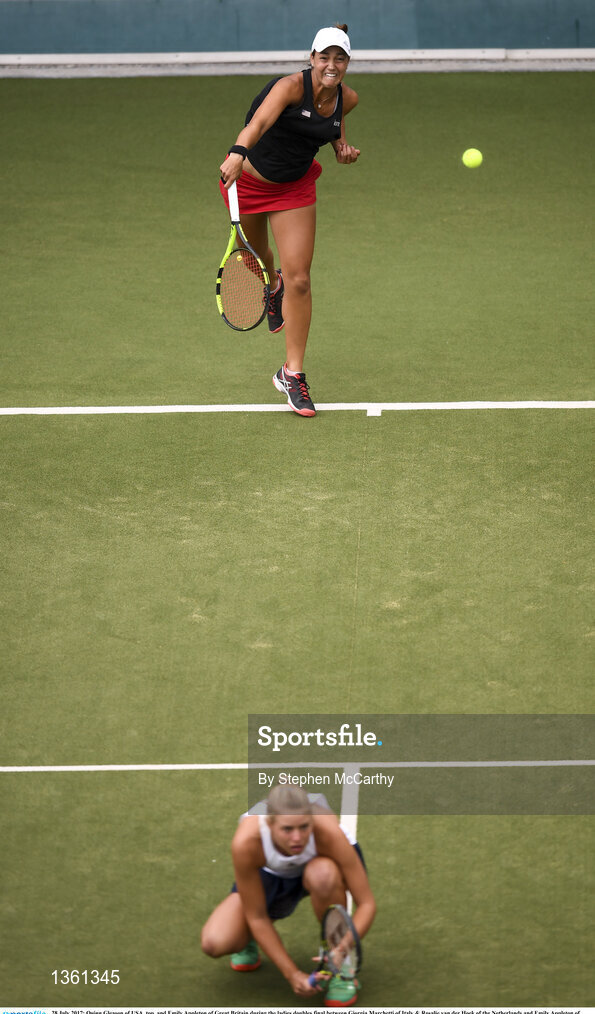28 July 2017; Quinn Gleason of USA, top, and Emily Appleton of Great Britain during the ladies doubles final between Giorgia Marchetti of Italy & Rosalie van der Hoek of the Netherlands and Emily Appleton of Great Britain & Quinn Gleason of USA during the AIG Irish Open Tennis Championships at Fitzwilliam Lawn Tennis Club in Dublin. Photo by Stephen McCarthy/Sportsfile