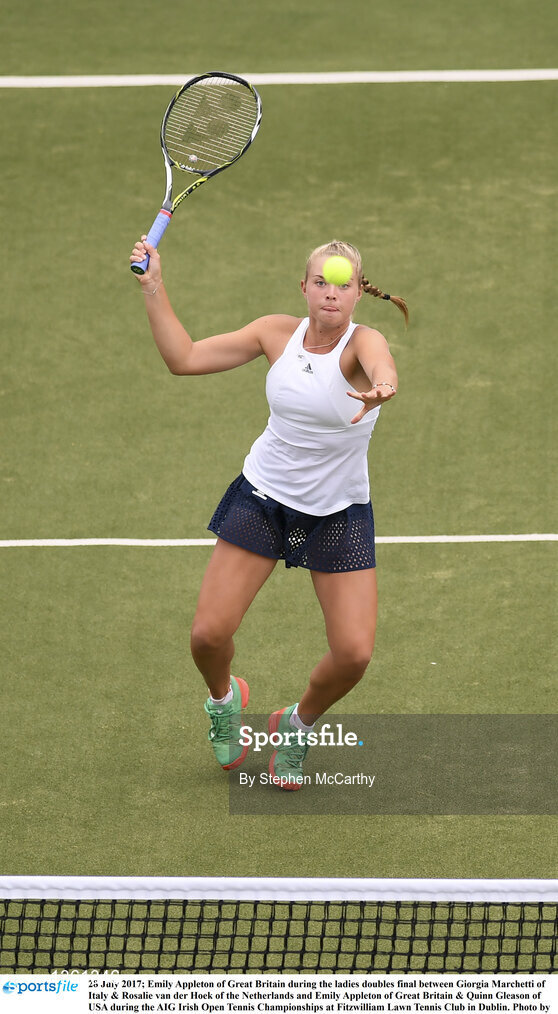 28 July 2017; Emily Appleton of Great Britain during the ladies doubles final between Giorgia Marchetti of Italy & Rosalie van der Hoek of the Netherlands and Emily Appleton of Great Britain & Quinn Gleason of USA during the AIG Irish Open Tennis Championships at Fitzwilliam Lawn Tennis Club in Dublin. Photo by Stephen McCarthy/Sportsfile